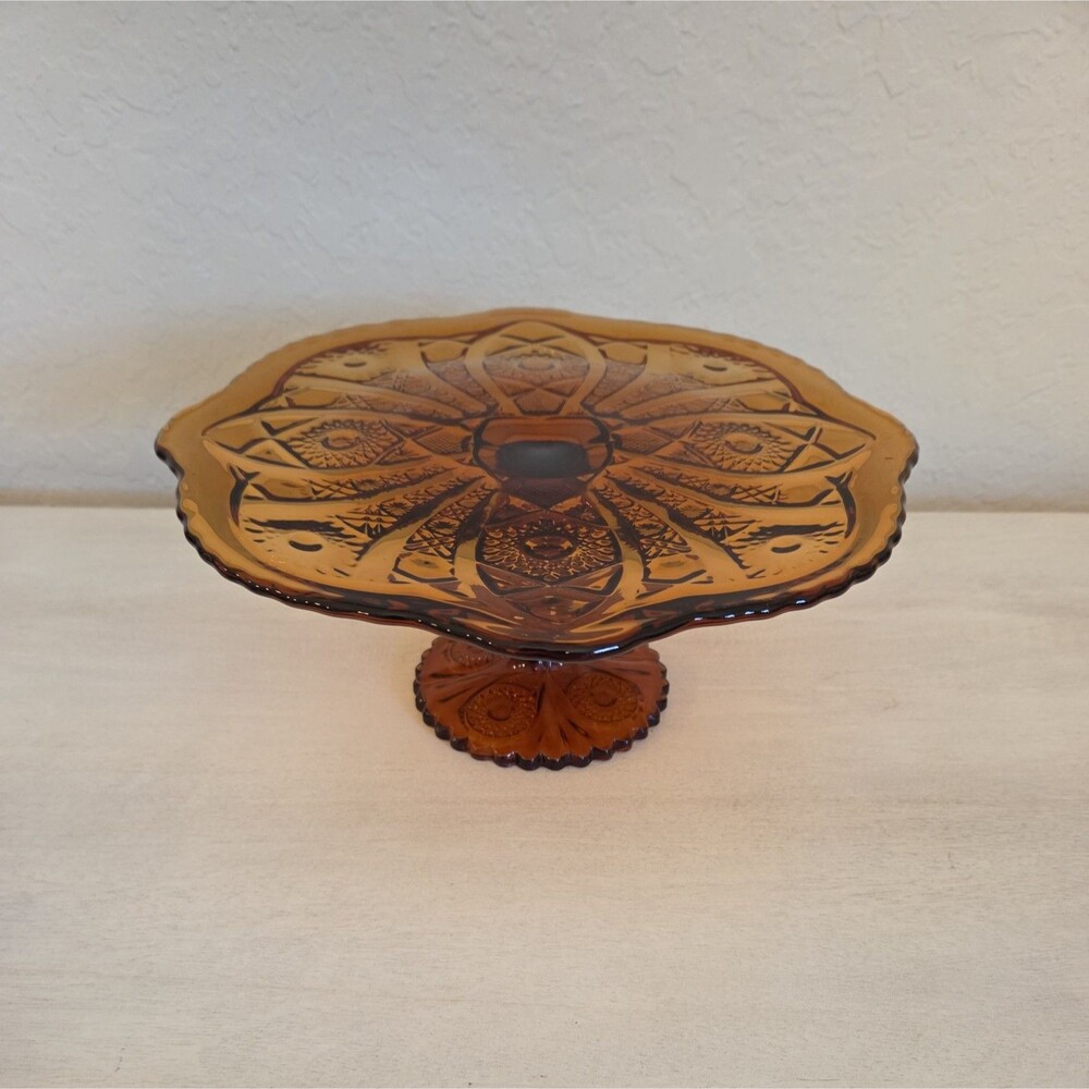 Vintage Imperial Glass Amber Pedestal Cake Stand Hobstar Design